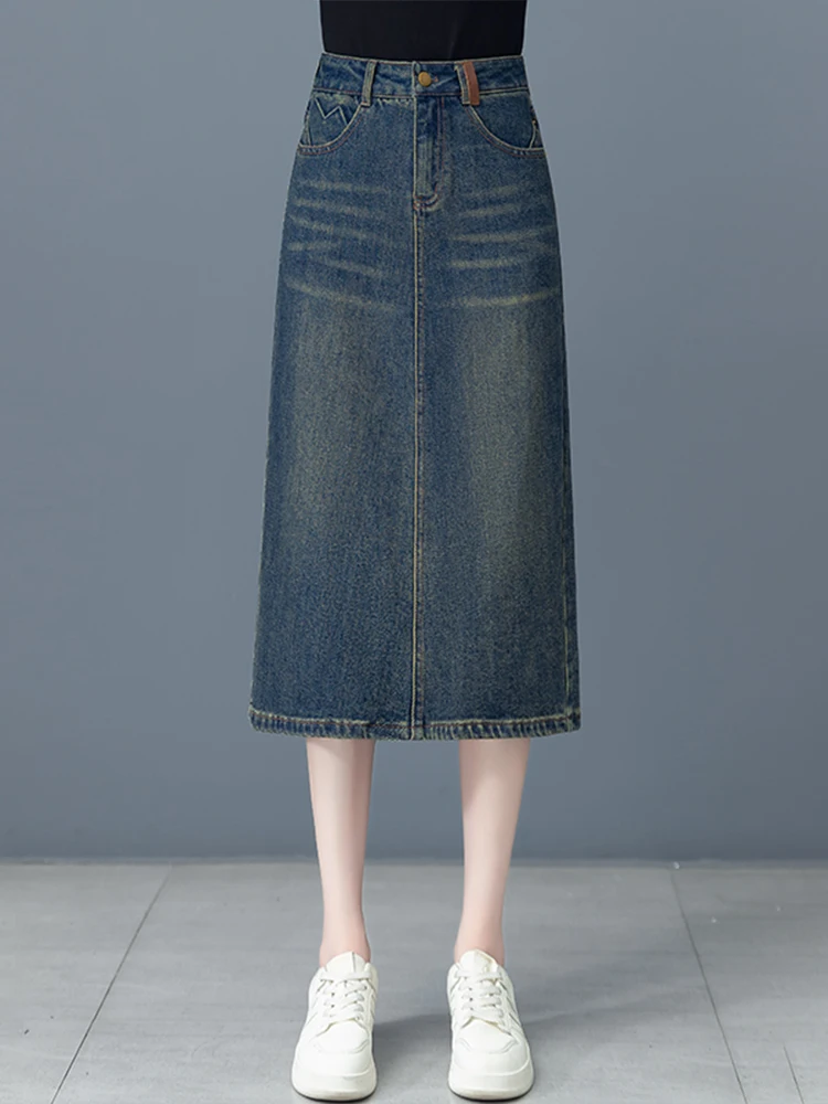 

Retro Denim Mid-Length A-Line Skirt High Waist Split Women's Spring Autumn 2025 New Style Bodycon Skirt Korean Style Commute