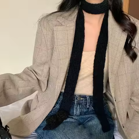 New Solid Color Knitted Shawl Y2k Dressing Decoration Knitted Scarf Ribbon Korean Style Long Narrow Scarves Autumn/Winter
