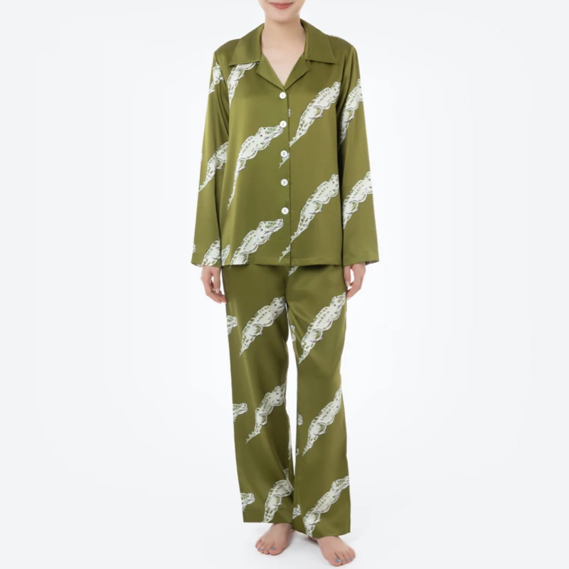 Green Crocodile 100% Mulberry Silk Cute Pajama Set 22MM Silk Long Sleeve Soft Sleepwear Women's Printed Matching Pajamas Couples