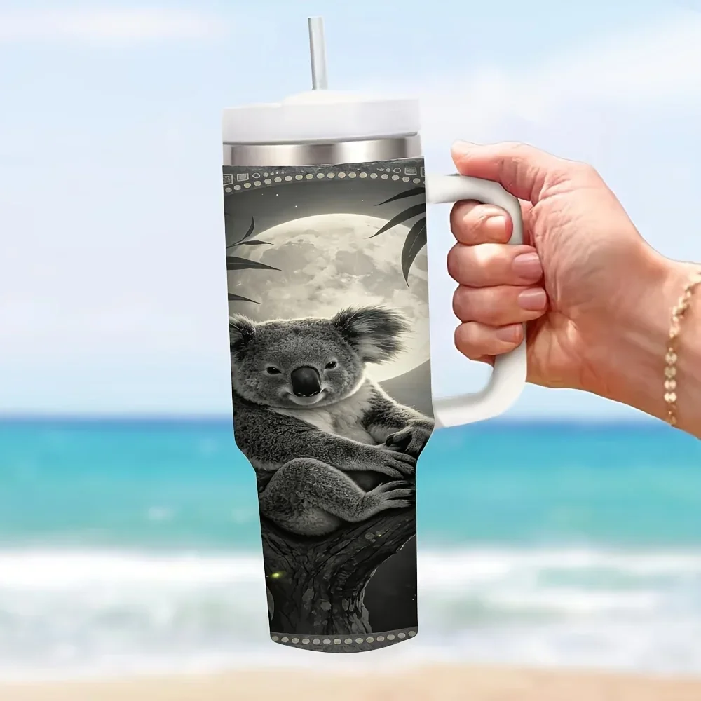 40Oz Large Capacity Insulated Tumbler with Handle, Koala Moonlit Forest Print, Suitable for Animal Lovers, Fits Daily Use And Outdoor Travel, Keeps Hot And Cold Drinks