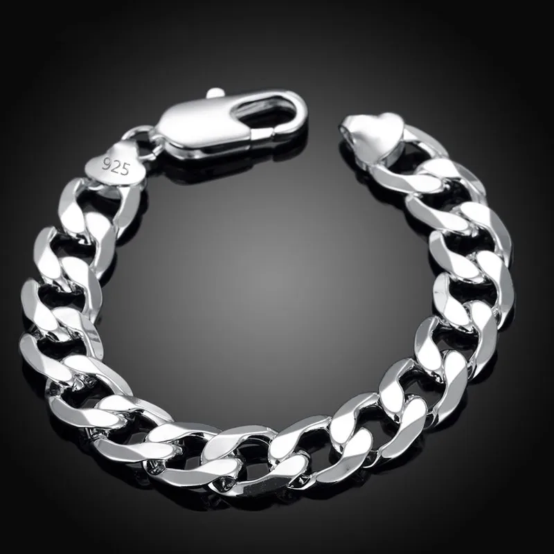 

925 Silver 6MM 8MM 10MM 12MM Flat Sideways Bracelets Chains For Men Fashion Jewelry