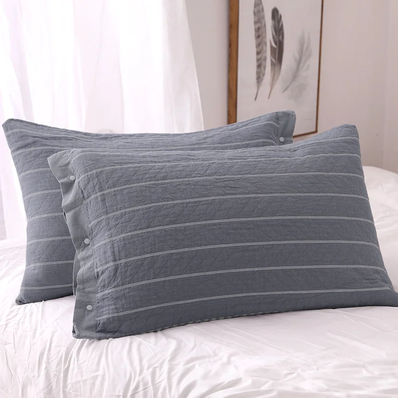 Pure Cotton Gauze Pillowcase 1 Pair Buckle Design Stripe 3-Layer Gauze Thickening Pillow Cover Soft Breathable Pillowcase