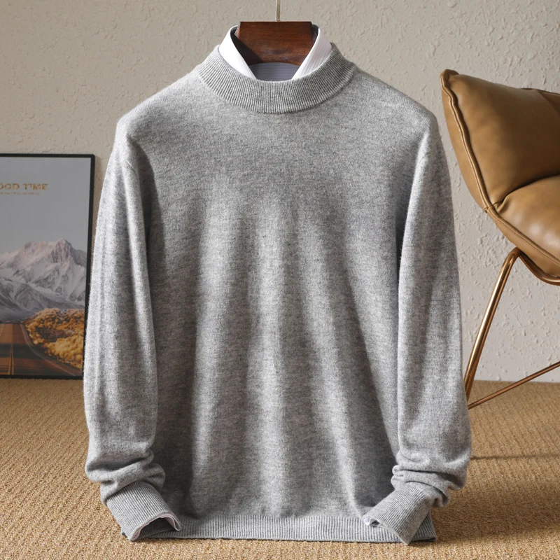 100% Merino Wool Sweater Men's Half High Collar Knitted Hoodie Casual Solid Color Basic Base Cashmere Shirt Sweater