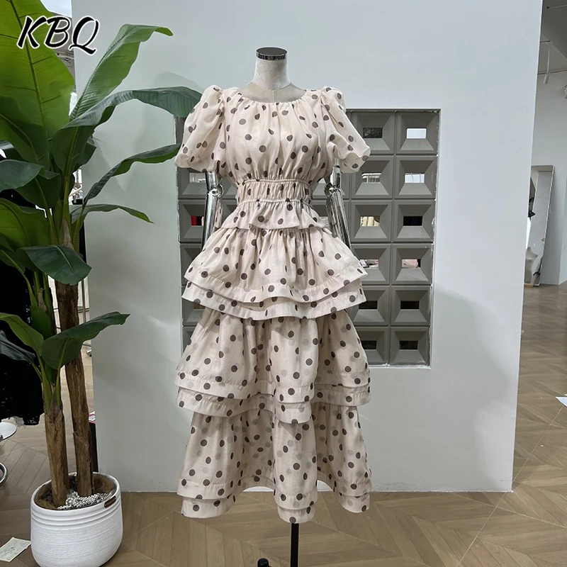 

KBQ Casual Slimming Printing Long Dresses For Women Round Neck Puff Sleeve High Waist Folds Designer Dress Female Fashion New