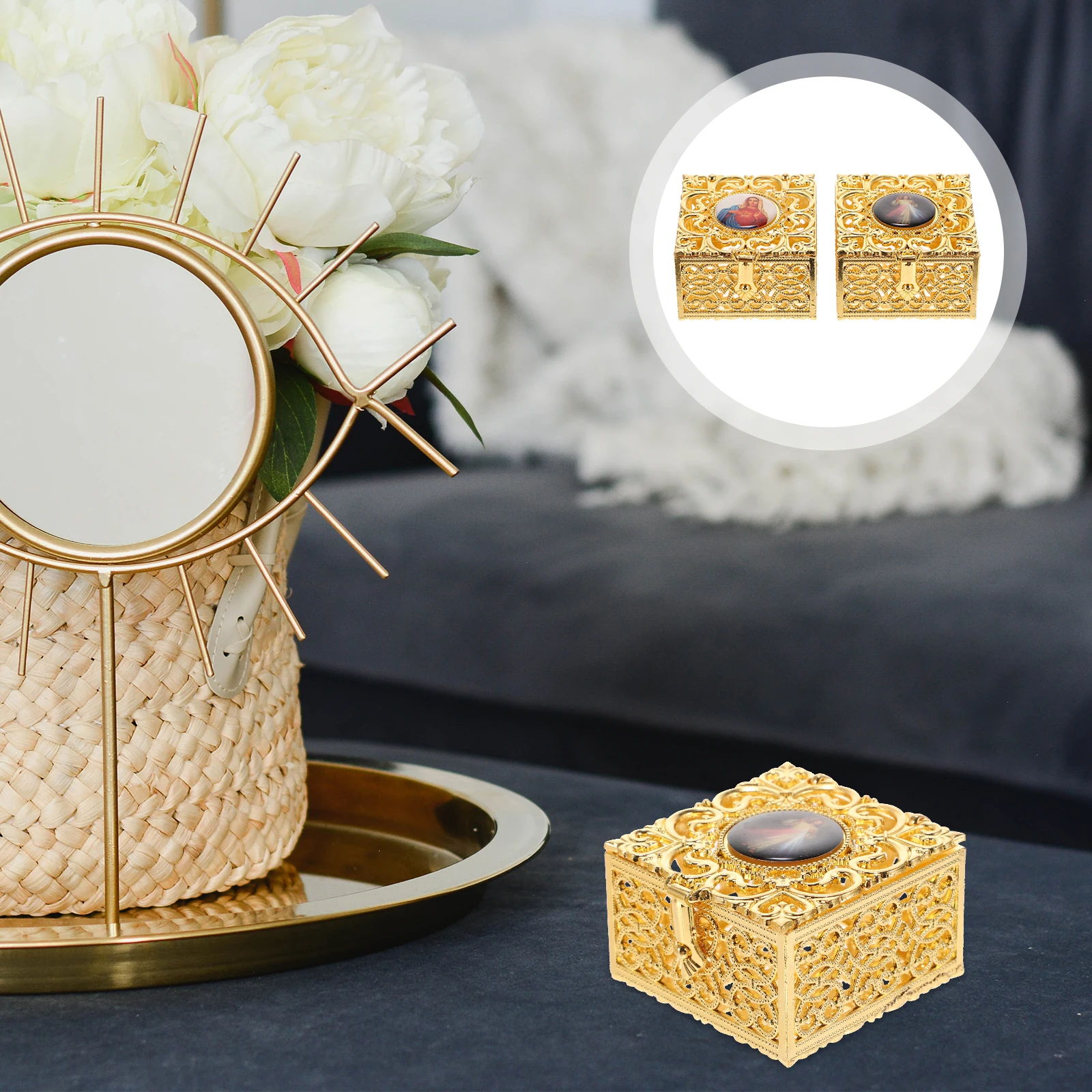 

2 Pcs Metal Zinc Alloy Necklace Jewelry Case Vintage Earrings Organizer Portable Storage Bedroom Dressing Table