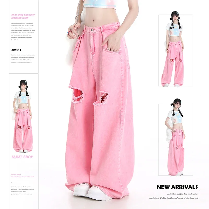 2024 Summer Y2K Pink Loose Harajuku High Waist Vintage Jeans Pants Streetwear Style Women's Wide Leg Baggy Denim Trouser