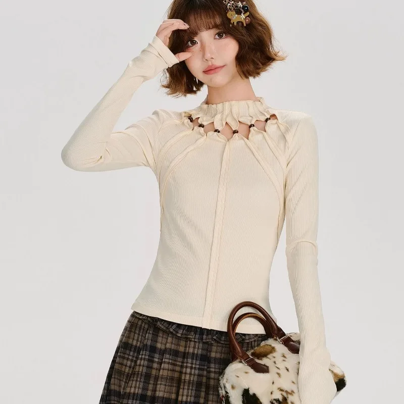 Tops T-shirt Woman Spring Autumn Period Large Size Retro Hollow Out Long Sleeve Sense of Design New Comfortable Leisure Minority