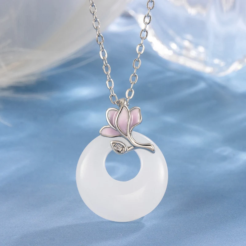 New Chinese Style Orchid White Jade Safety Buckle Necklace Women\'s Winter High-end Feeling Elegant 925 Silver Necklaces KOFSAC
