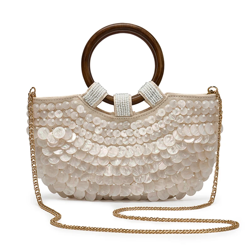 Shell Purse For Women Shoulder Bag Handmade Seashell Beaded Clutch Wooden Top Handle Bag Beach Evening Handbag for Summer