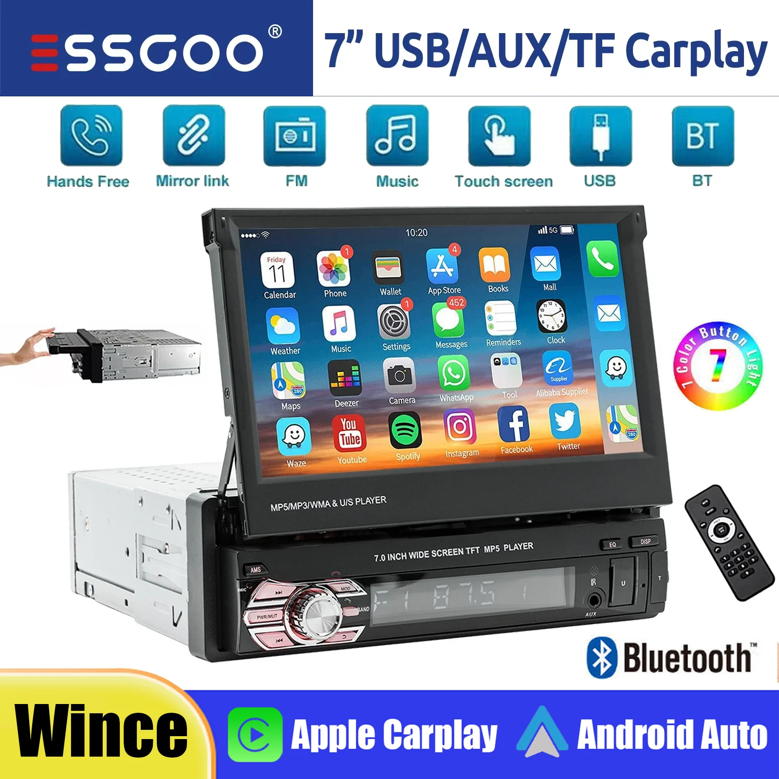 ESSGOO 7 "فليب آؤٹ واحد 1 Din راديو السيارة CarPlay أندرويد السيارات TF USB AUX SWC AM FM بلوتوث مشغل MP5 وحدة رأس شاشة تعمل باللمس