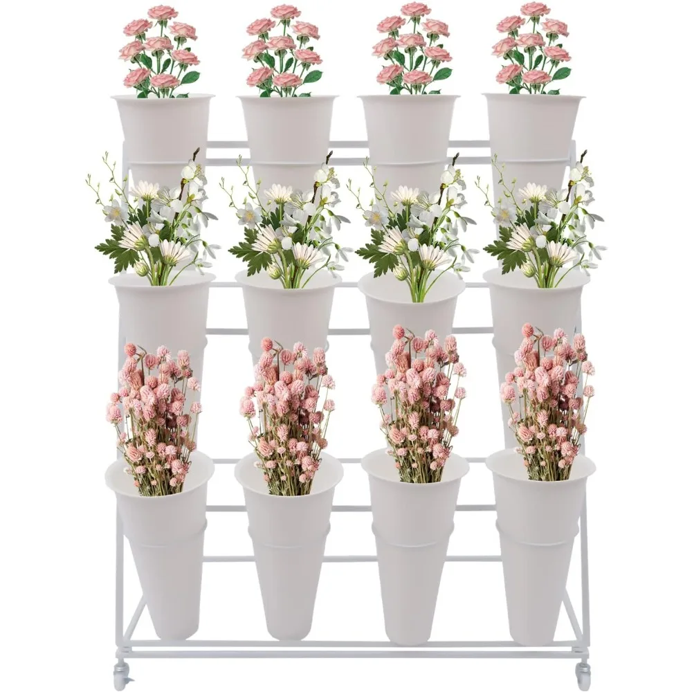 Flower Display Stand with 12pcs Buckets, 3 Layers Flower Cart Display Stand With Wheels ,Heavy Duty Moving Plant Cart Shelf