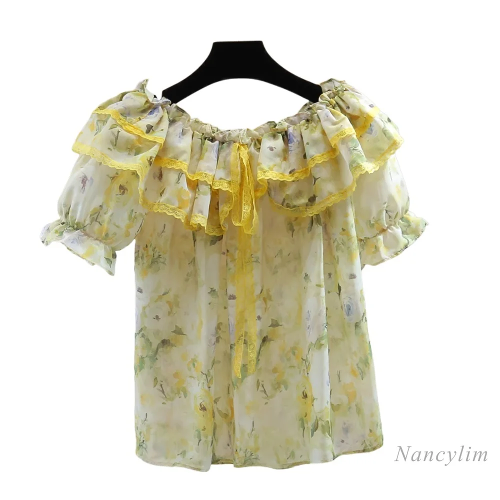 بلوزة برقبة مائلة بحافة أوراق اللوتس للنساء، قميص قصير الأكمام على شكل فقاعات، بلوزات علوية قصيرة مرقعة من الدانتيل للصيف