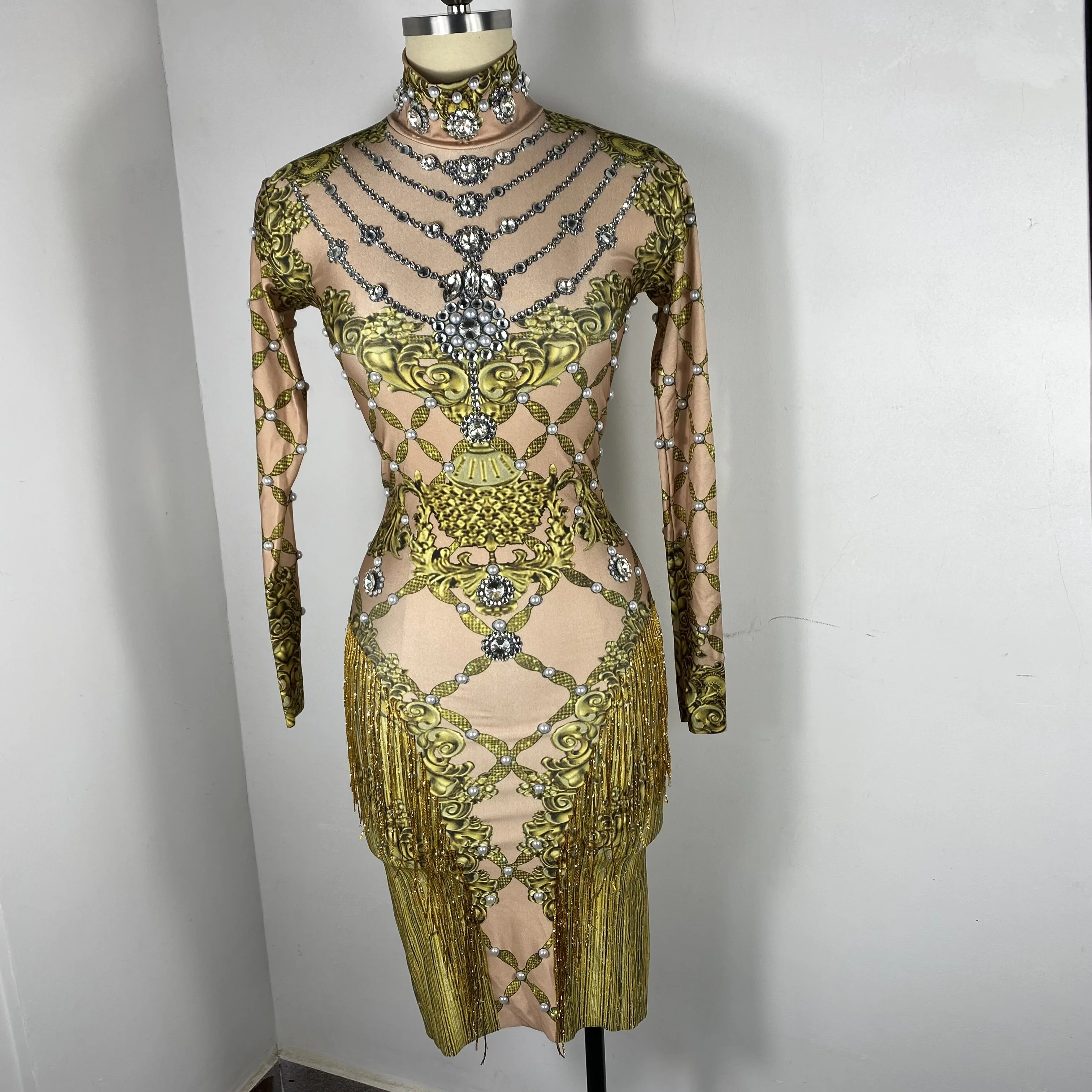 sexy nappe dorate strass abito a maniche lunghe drag queen costumi cantante festa compleanno club palco ​ abbigliamento da sera per festeggiare