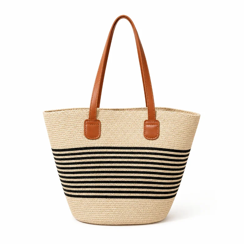 

Women Striped Straw Tote Bag Large Capacity Summer Beach Vacation Handbag Casual Woven Shoulder Bag