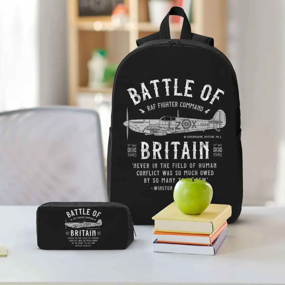 Battle Of Britain Spitfire Backpack Student BookBag School Bag Shoulder Bags 3ps Insulated Lunch Bag Pencil Case