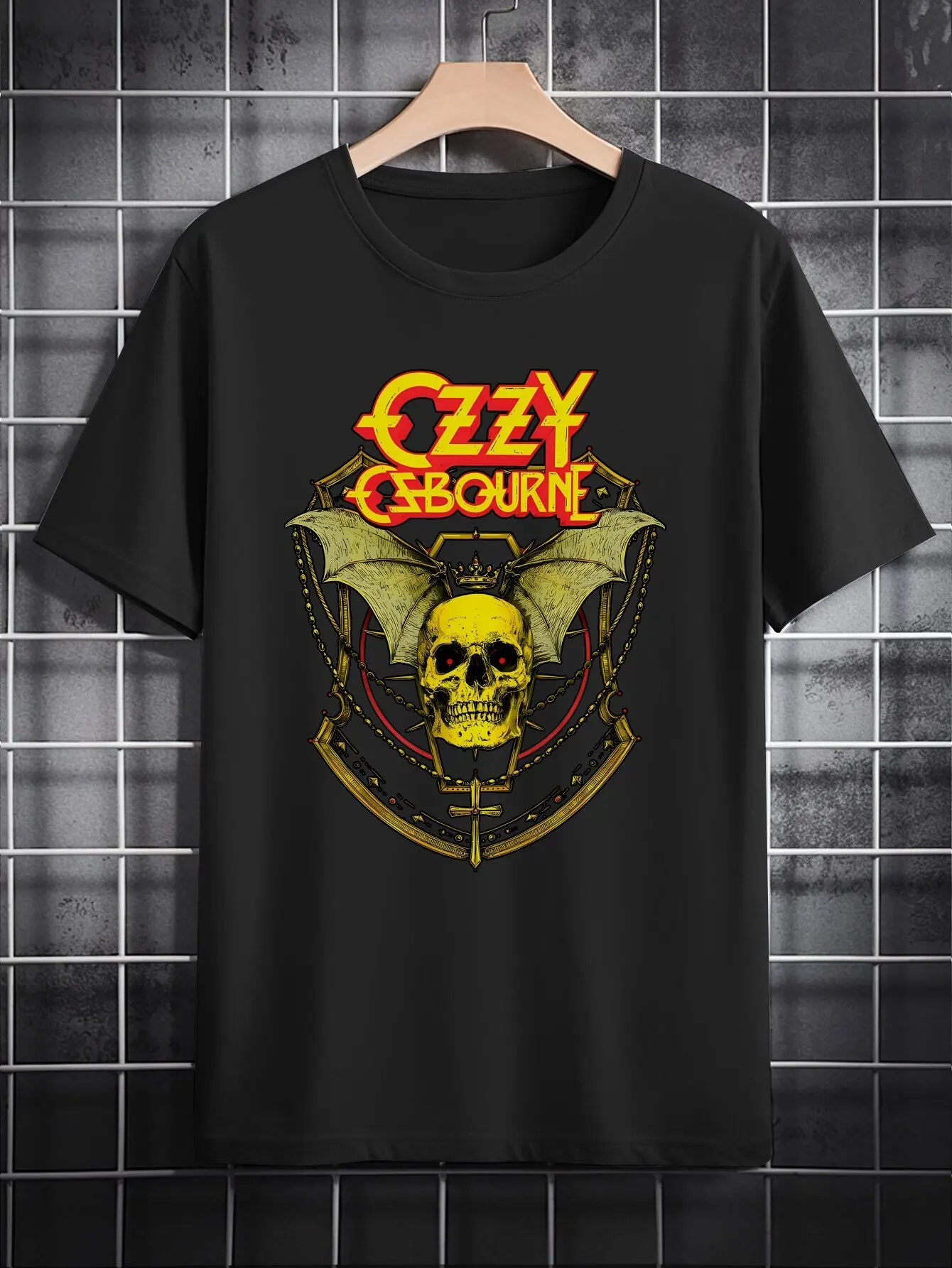 

Men's Casual Graphic T-Shirt - Black Band Tee with Skull & Wings Design, ZZ Top Inspired Round Neck Summer Top