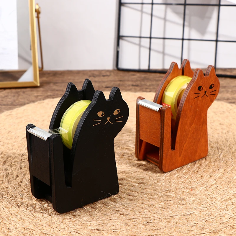 Tape Dispenser Cartoon Cat Wooden Tape Cutter Holder Roller Tape Dispenser