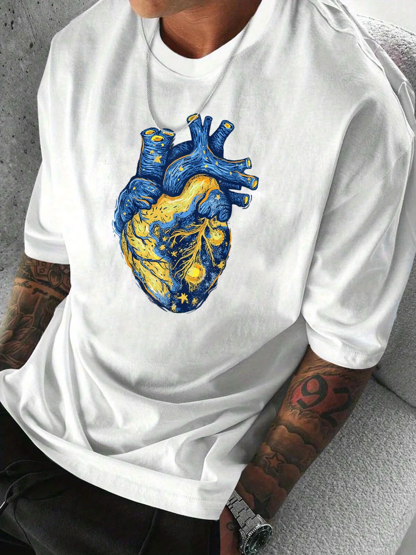 Men's Outdoor Style Casual Short Sleeve Van Gogh Starry Sky Heart Pattern Letter Printed T-shirt