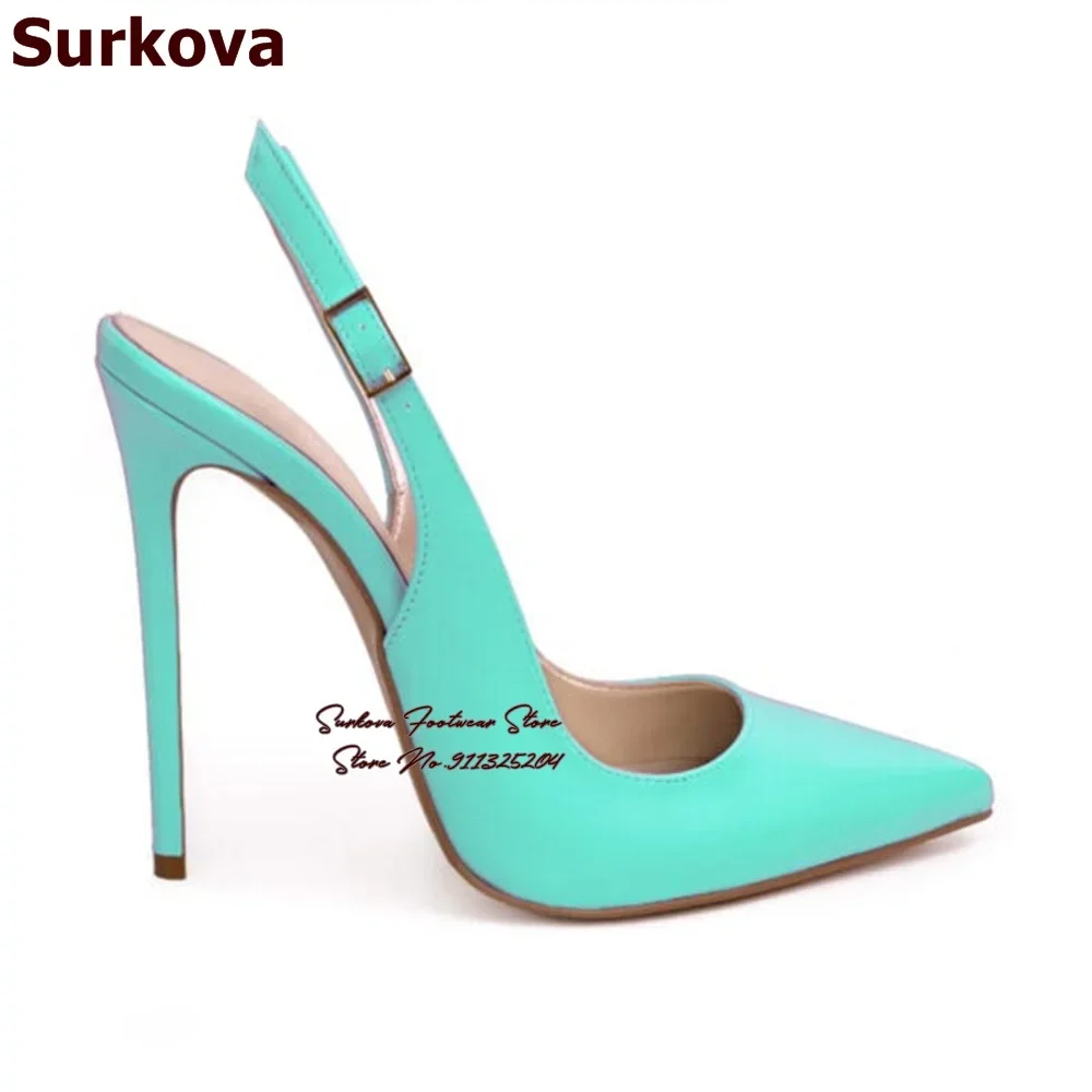 Surkova Turquoise Matte Leather Slingback High Heel Shoes Pointed Toe Shallow Cut Dress Pumps Buckle Strap 12cm 10cm 8cm Heels