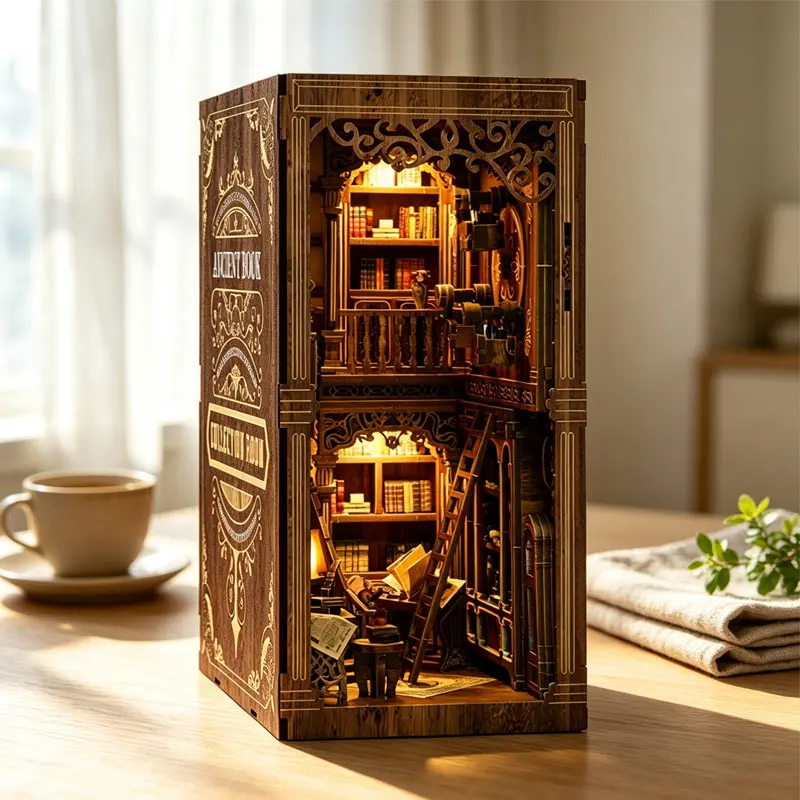 Wooden Book Nook 3D Puzzle Miniature Doll House Kit With Furniture DIY Bookshelf Insert Home Decor Toys For Xmas Birthday Gifts