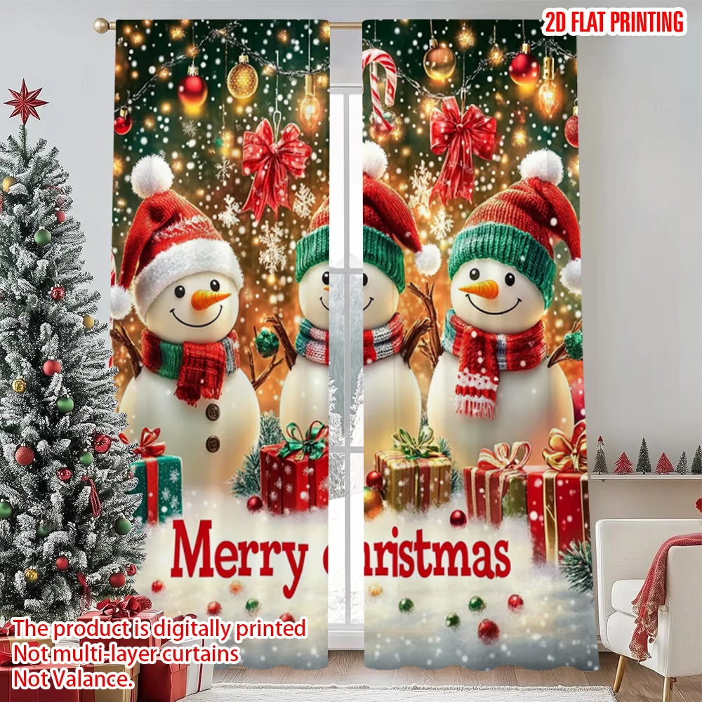 

2pcs 2D flat printing Christmas Window Drapes Merry Christmas Snowman Versatile Fabric Without Electricity Festive Curtains Use