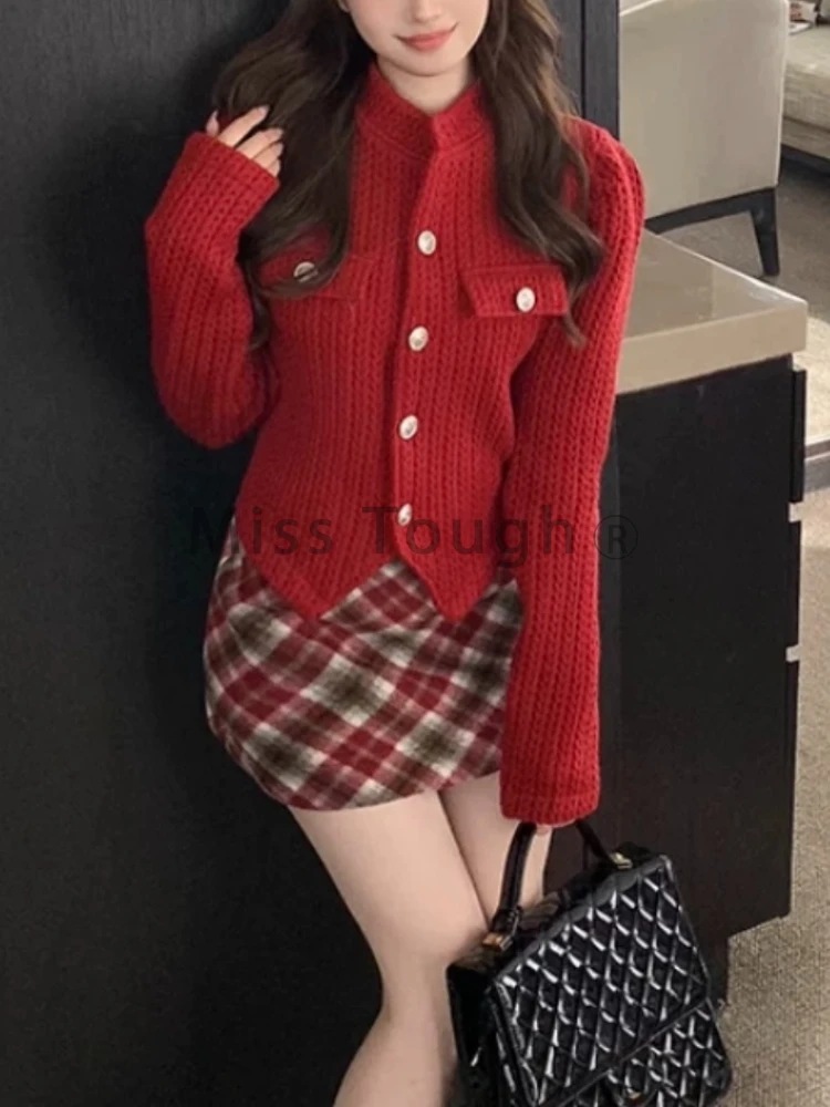 Winter 2024 Red Vintage Plaid Skirt Suit Women Christmas Short Sweater + Sweet Mini Skirt Knit Korean Fashion New Two Piece Sets