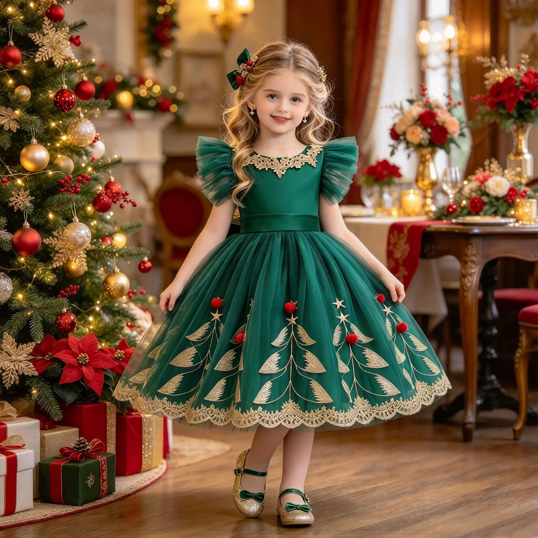 Girls Party Dresses Christmas Evening Dress Green Princess Dress Girl Xmas Costume Ball Gown Kids New Year Gifts Birthday Dress