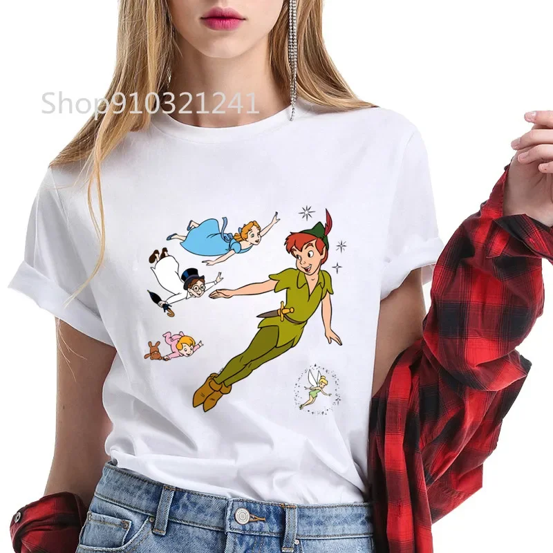 Peter Pan Women T Shirt Cute Tinkerbell Fairy O-Neck Short Sleeve Casual Cartoon Tshirt Tee Lady Girls Female Femmes Tops