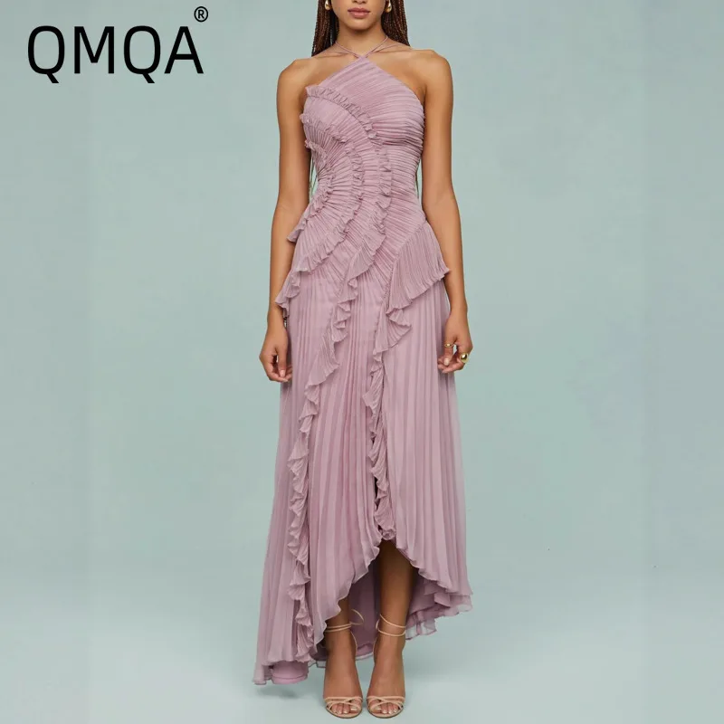 QMQA moda mujer acanalada Halter sin tirantes vestidos sin espalda pliegues irregulares empalmados volantes vestido elegante sólido 2026 nuevo M1032
