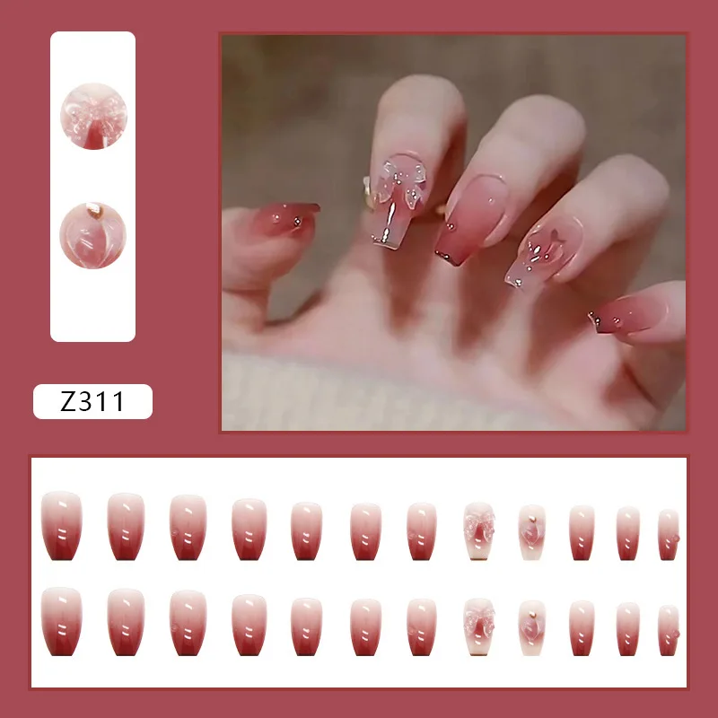 Gradient Patch Stick Wearing False Nails Full Coverage Love Peach Bow See Photochromic Stereo Wear Nail Fake Nail Fashion