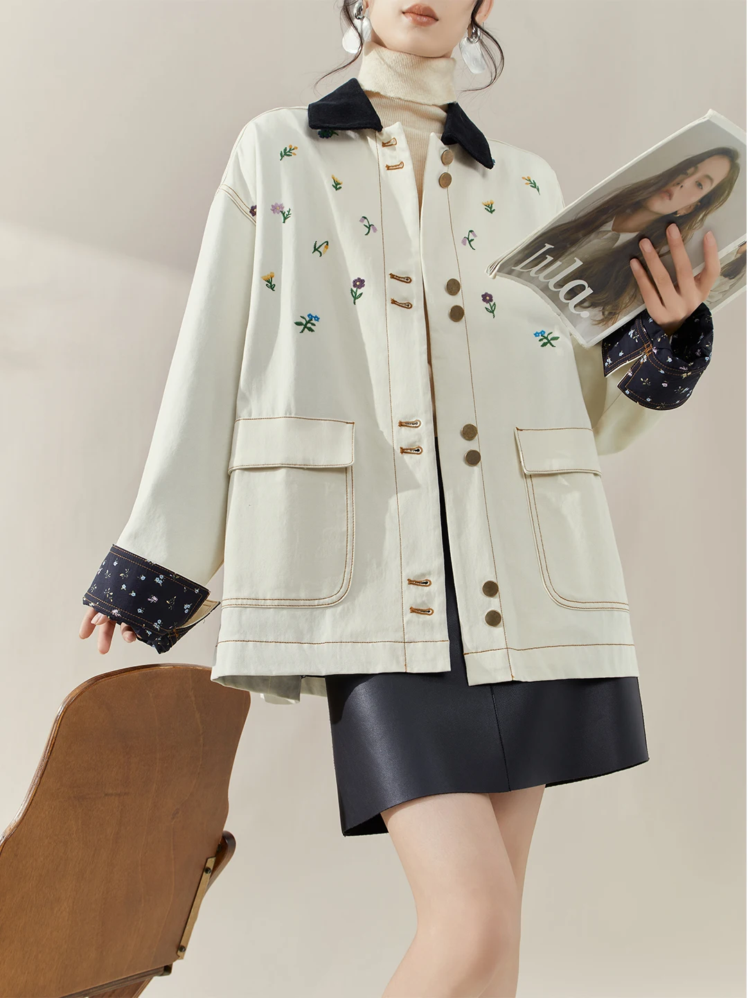

FlowingEra Barn Flower Embroidery Loose Fit Casual Jaet Women's Autumn Spring Long Sve Turn-down Collar Workwear Coat