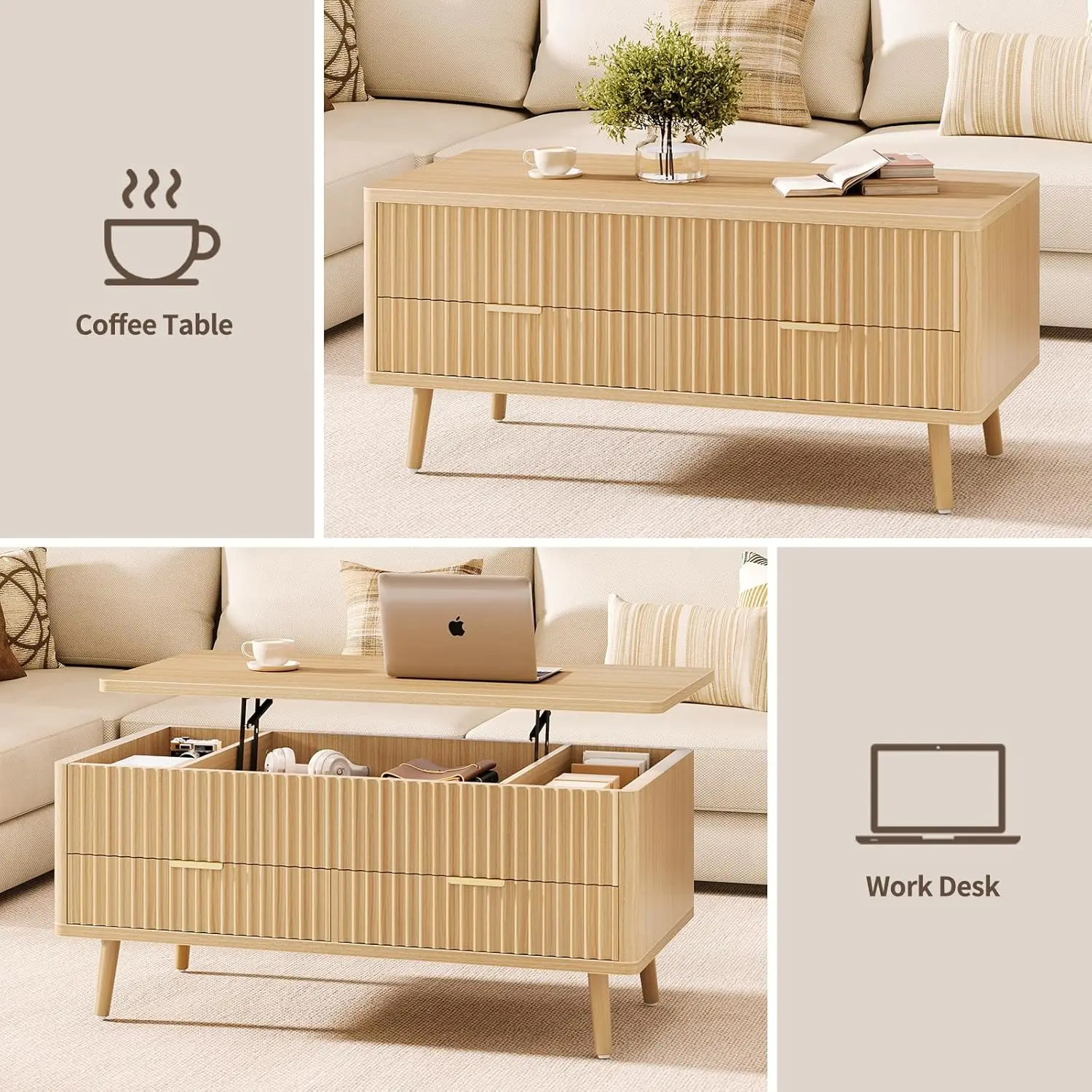Mesa de centro cuadrada moderna natural de mediados de siglo: mesa central de madera estriada con tapa elevable grande con cajones y compartimento de almacenamiento oculto