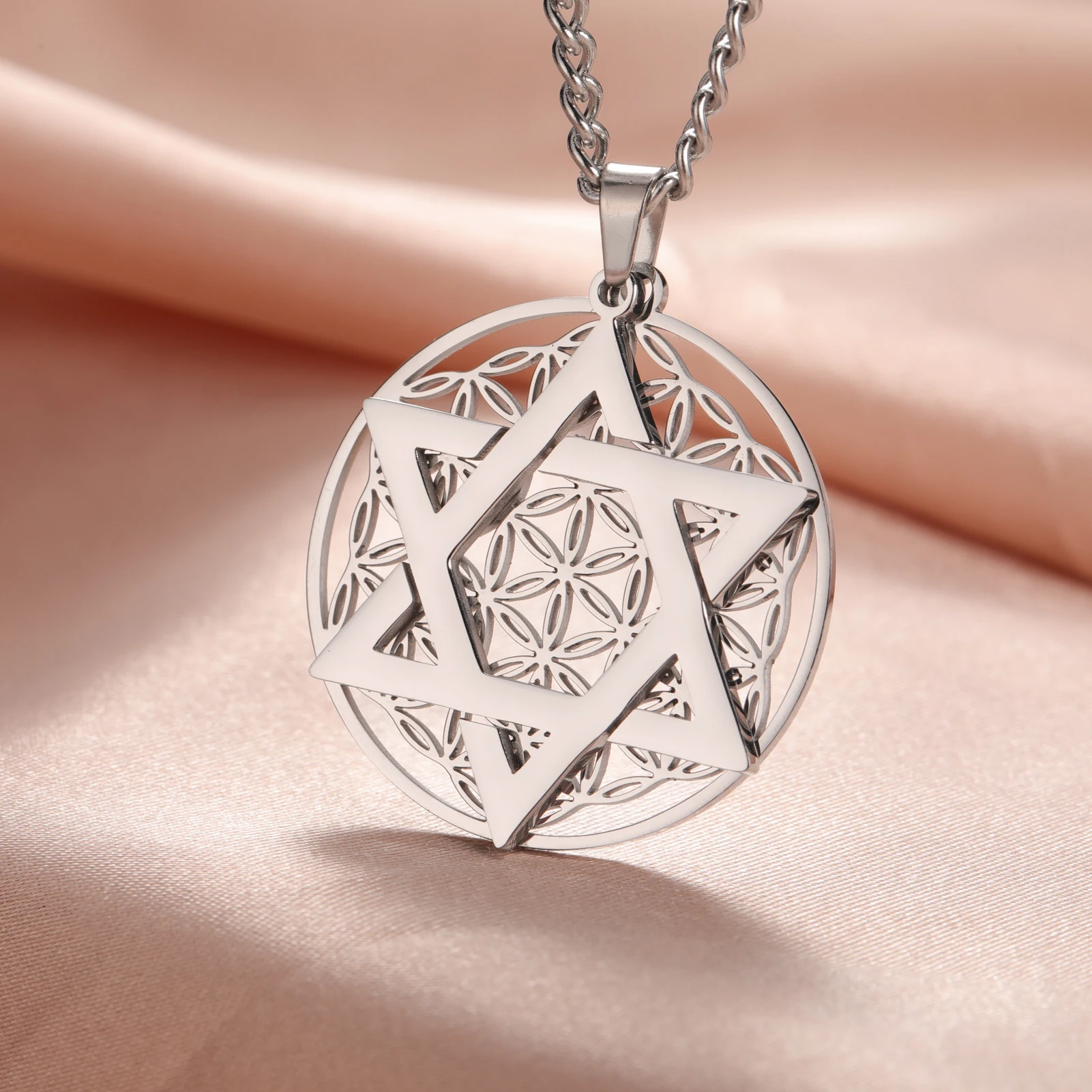 Lucktune Star of David Pendant Necklace Stainless Steel Viking Flower of Life Amulets Chain Necklace for Women Jewelry Gifts New