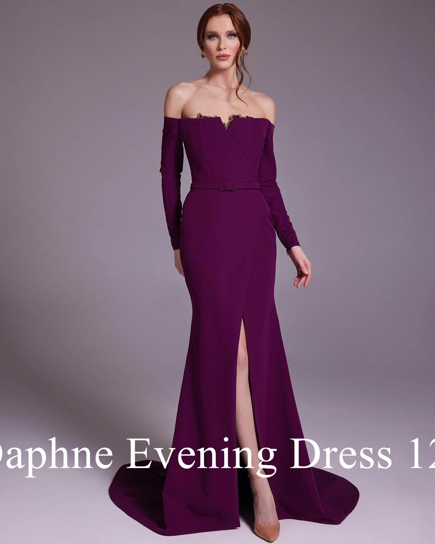 Maßgeschneidertes klassisches Meerjungfrau-Abendkleid mit U-Boot-Ausschnitt, schulterfrei, Applikationen und Gürtel, anmutiges Satin-Kleid mit langen Ärmeln