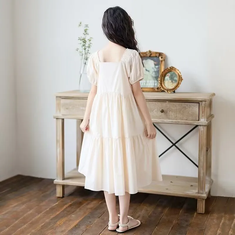 2026 retro French spring summer Teens Girls Square Neck puff  short sleeve layered princess dress Children 4 8 10 12 14 year