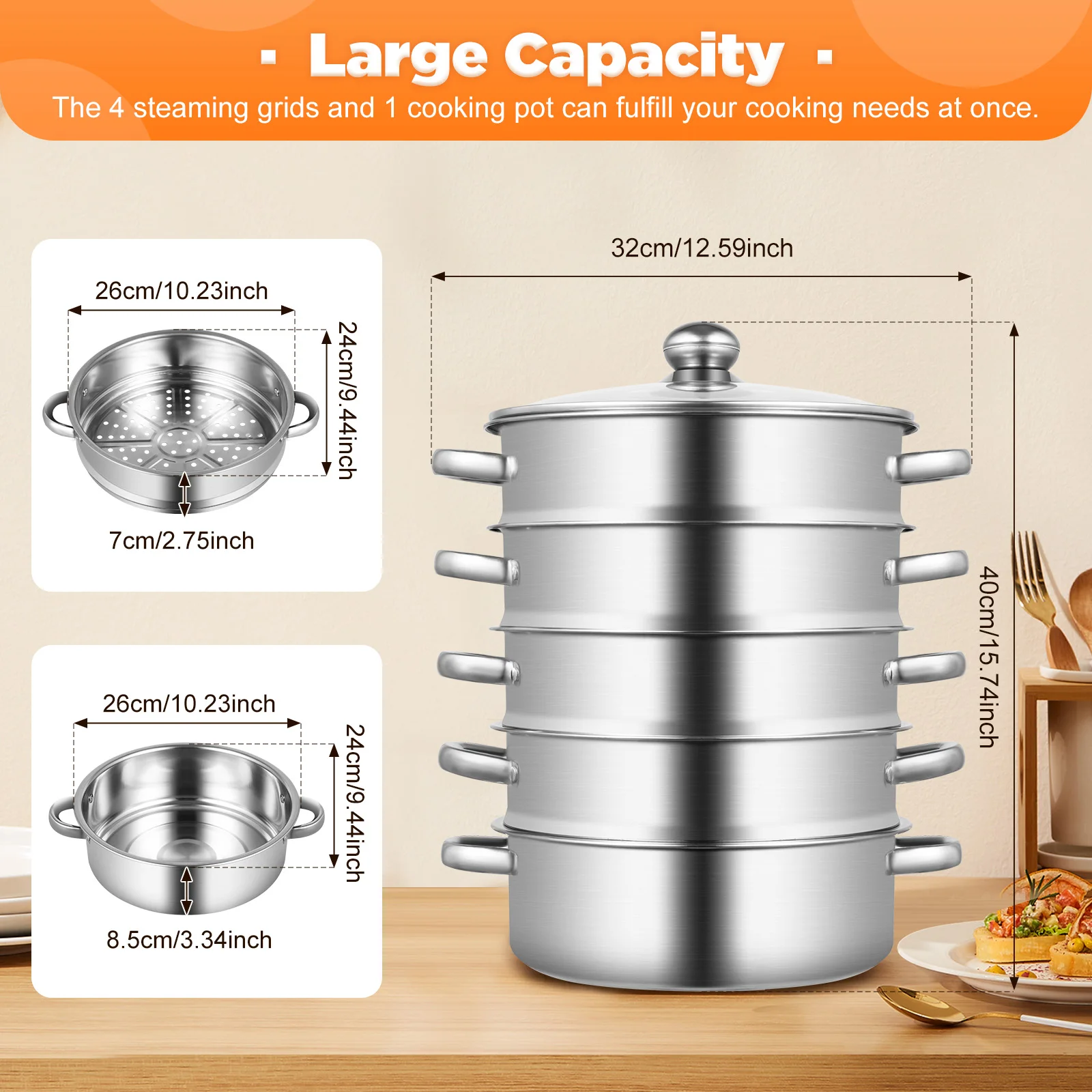 5-Tier Stainless Steel Steamer 26cm Diameter Steamer Cookware with Glass Lid Rice Vegetable Food Large Capacity Steaming Cooker