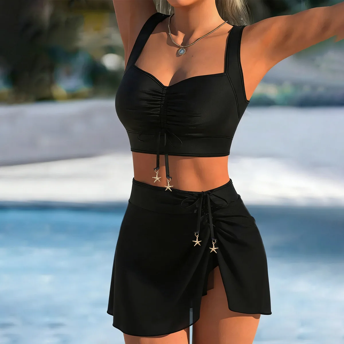 Drawstring Mesh Skort Bikini Women Sexy Two Piece Hot Beach Swimwear New Arrival
