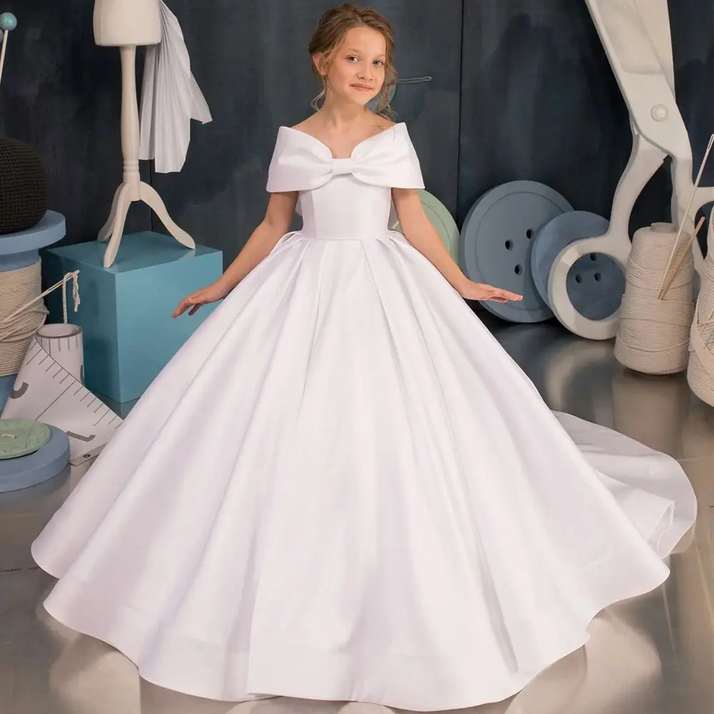 EVLAST Elegant White Satin Flower Girl Dresses Baby Girls for Wedding Party Gown Bow Tie Kids First Communion Dress TFD022