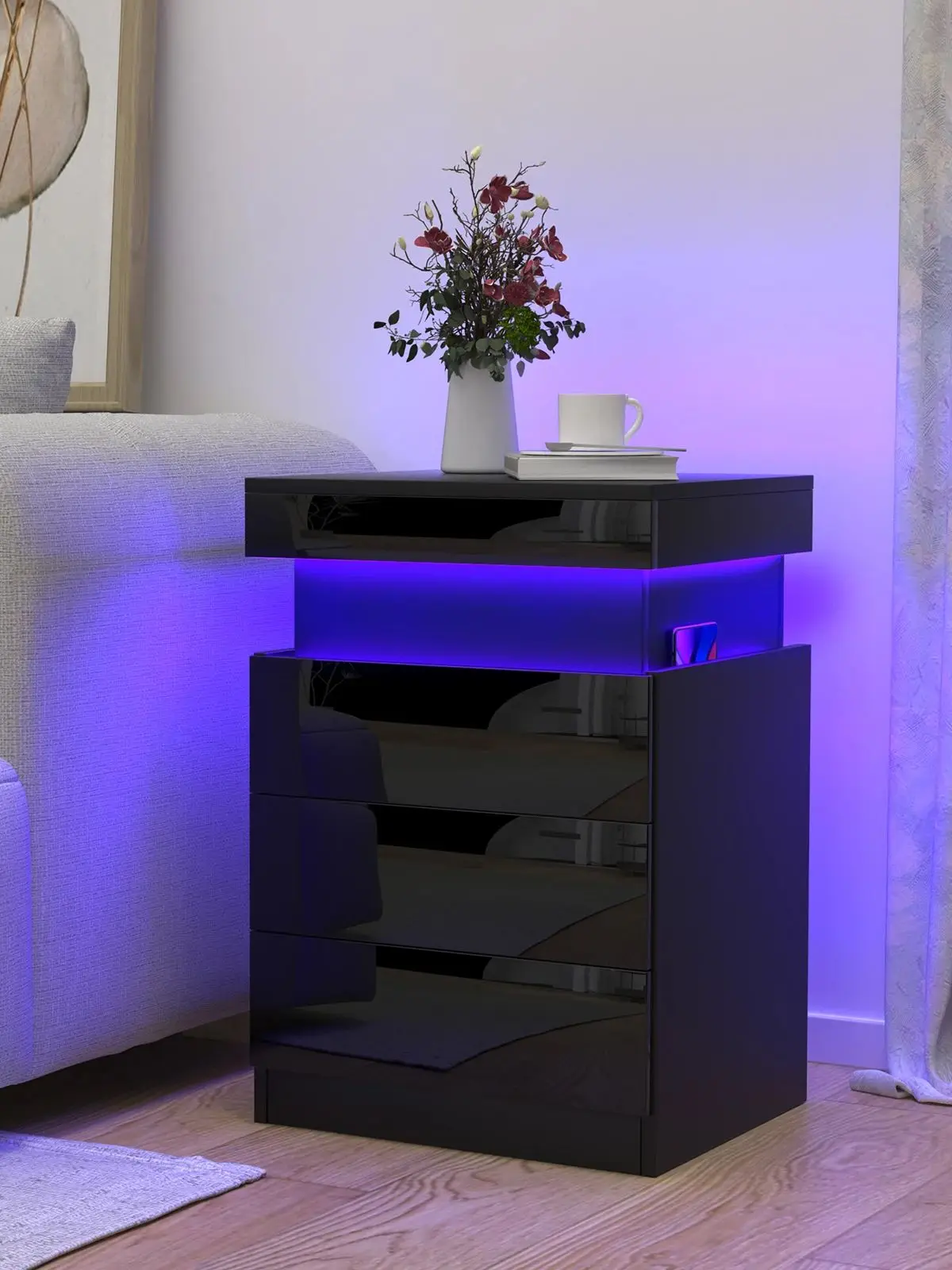 Chevet met Station de Charge, Table de Nuit, Chevet de Lit met 3 Tiroirs en Armoires Coulissantes Cachées Noir - afbeelding 2