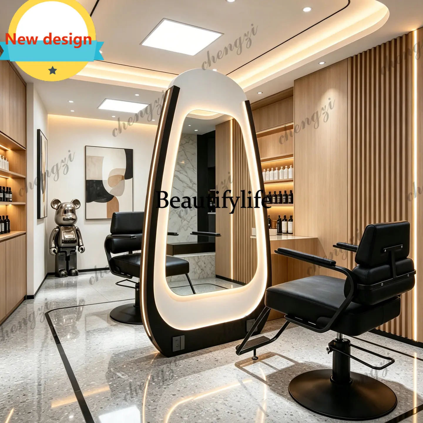 Hair salon mirror table, simple double-sided mirror hair salon special barber shop, solid wood paint, mirror