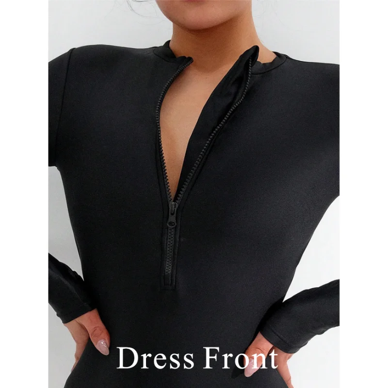 2025 Summer Women Solid Color Long Sleeve Conservative One Piece Swimsuit Chest Front Zipper Black Swimwear Beach Surf Outfit