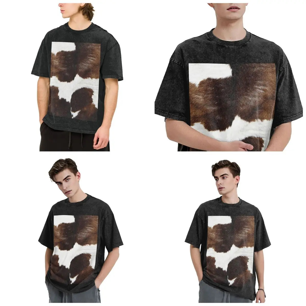Rustic Ranch Cow Print Hip Hop Short Sleeve T-Shirts Washed Tops Tees Streetwear T Shirt Vintage for Men woman