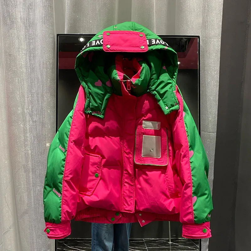 

2025 зимняя новая женская куртка-пуховик с капюшоном и буквами, модная и универсальная повседневная модная простая теплая куртка