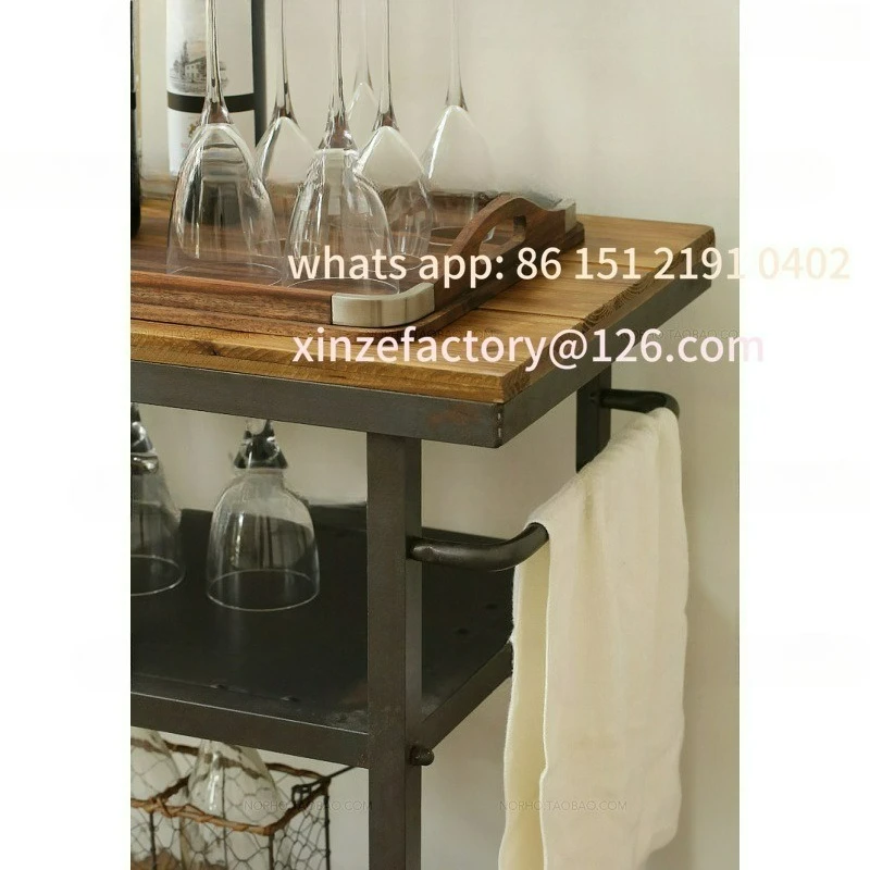 تخصيص الحديد الخشب الصلب خمر عربة الغذاء النبيذ الشاي عربة المطبخ المحمول الجرف ثلاثة طبقة عربة خزانة جانبية #3