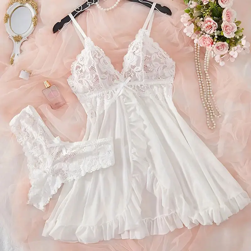 Ice Silk Thin Halter Sexy Pajamas Lace Nightdress And Thong Sets Plus Size Nightwear Women Underwear Sleepwear Transparent Dress