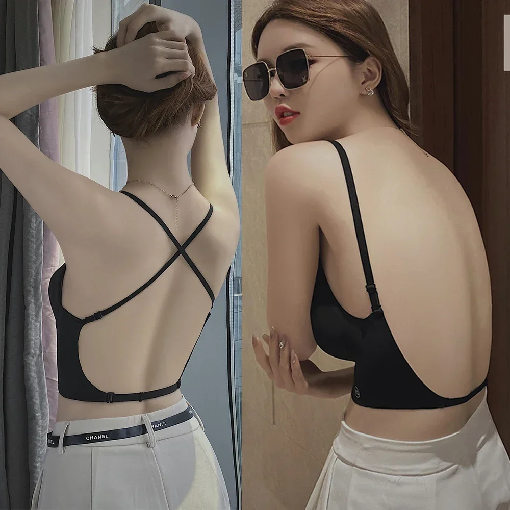 Sexy Low Back Bra Vest Tops Ice Silk Suspenders Wirefree Back Free Camisoles Women Backless Crop Top Thin Bralette Lingerie