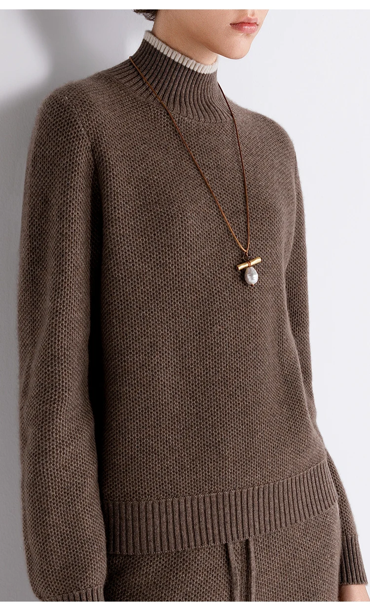 TX862184 Damen-Woll-Kaschmir-Mischung Pullover mit Stehkragen, geripptem Saum, entspannter Passform, LP Quiet Luxury, Frühherbst – Detail 9
