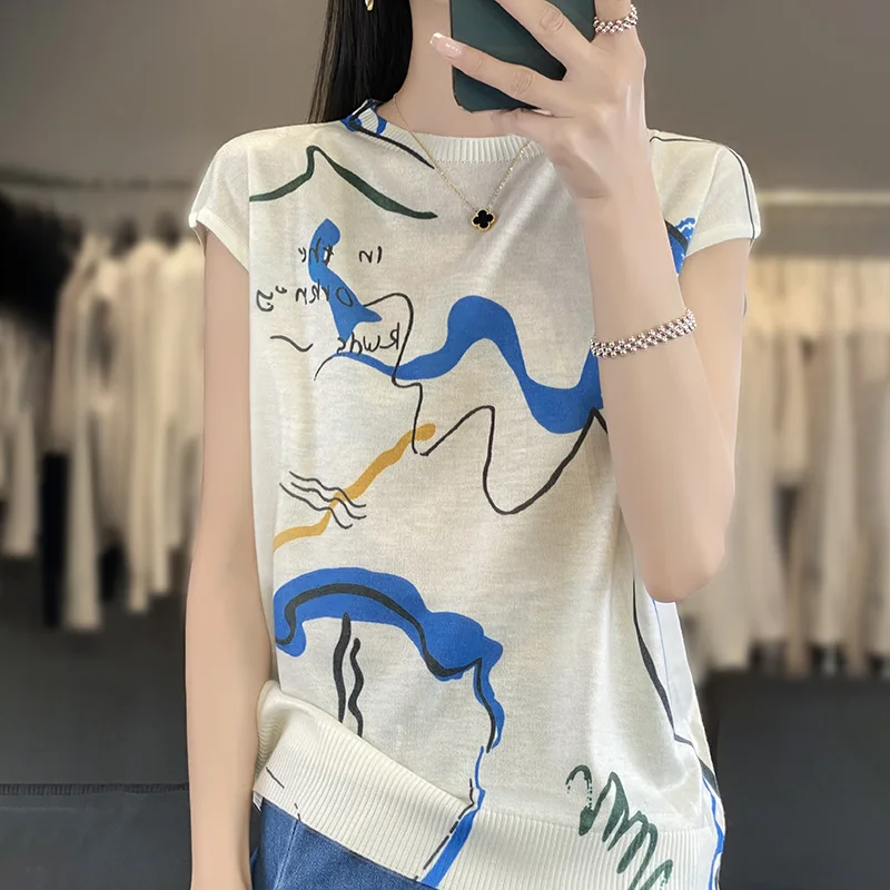 2024 New Summer Thin Silk Knitted Short-sleeved T-shirt Women\'s Sleeveless Wool Loose Printed T-shirt