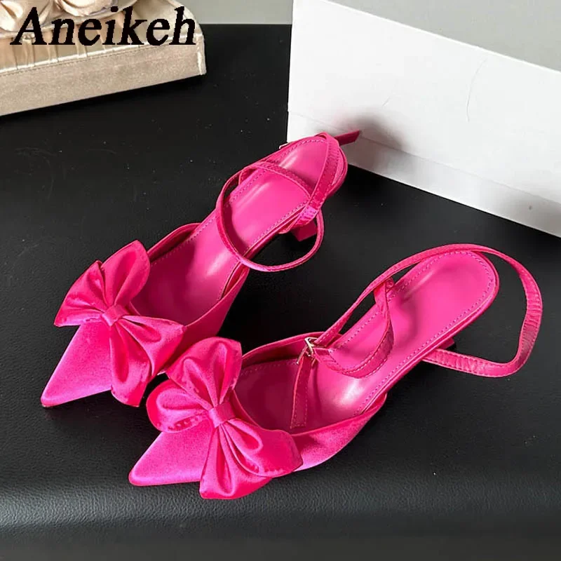 Aneikeh Lace Sandals Women's 2025 New Fashion Bow One Line Buckle with Skirt Slim Heel Ladies Shoes