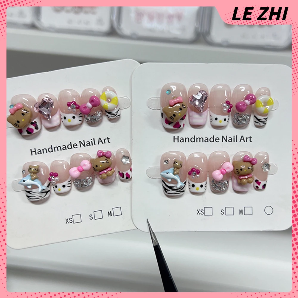 

French Hello Kitty Party Nail Sticker Handmade Cartoon Kawaii Hawaii Dolphin 3D Rhinestone Butterfly Party Nail Sticker Gifts